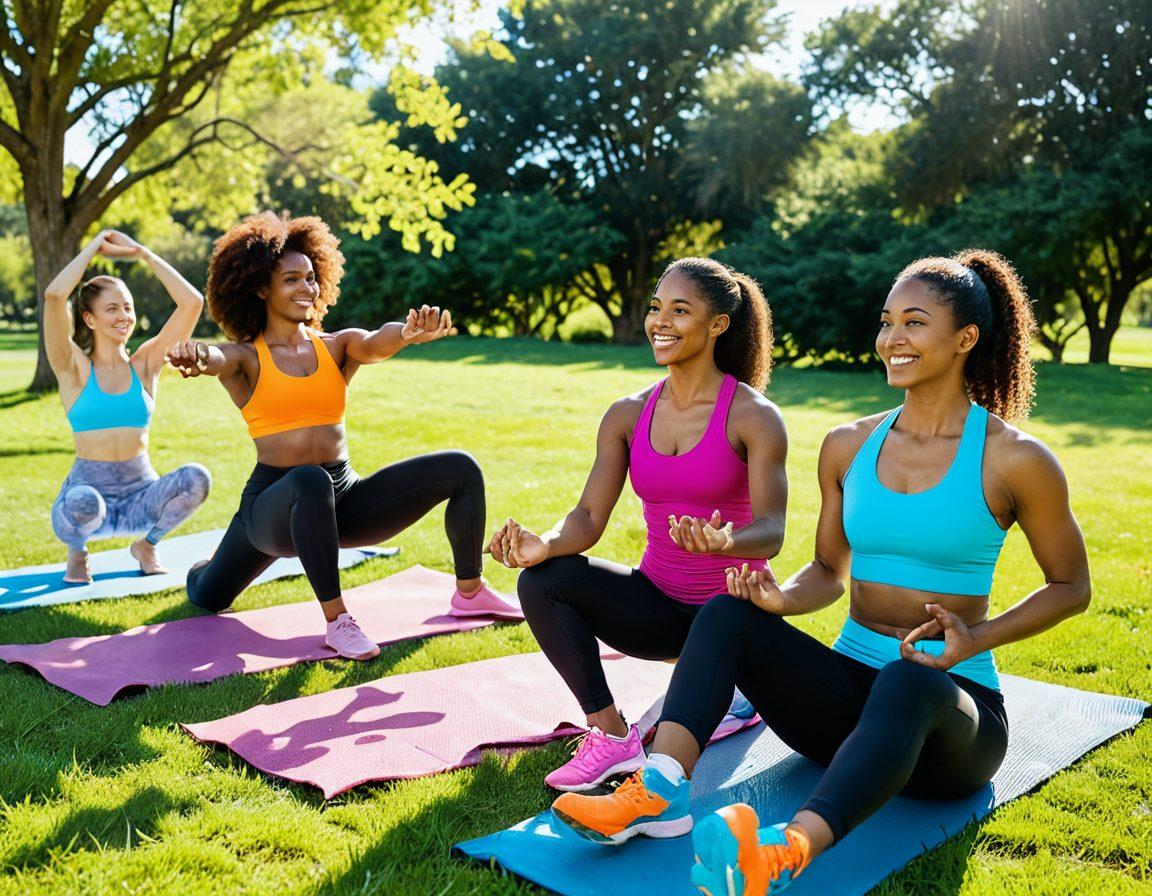 A vibrant outdoor scene showcasing a diverse group of women joyfully participating in a group workout session under sunny skies. The women are of various ethnicities, wearing bright workout clothes, smiling and encouraging each other while exercising with yoga mats, weights, and resistance bands. Background features lush greenery and a picnic area filled with healthy snacks, symbolizing community and empowerment. super-realistic. vibrant colors. sunny atmosphere.