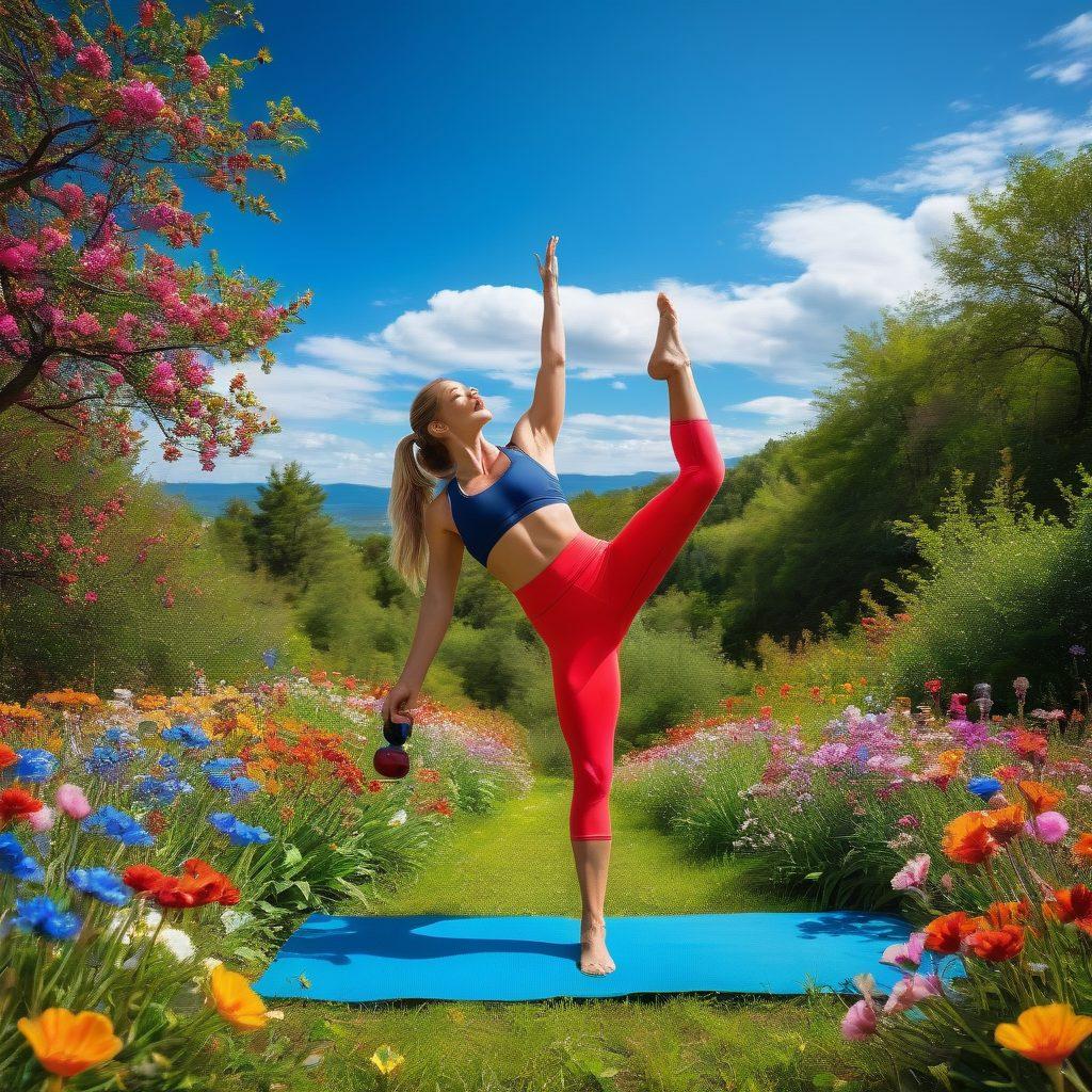 A dynamic female athlete in motion, showcasing strength and vitality, surrounded by vibrant nature elements like blooming flowers and blue skies symbolizing empowerment. Include fitness gear like yoga mats and dumbbells subtly integrated into the scene. The composition should evoke energy and positivity, illustrating a journey of health and empowerment. super-realistic. vibrant colors. nature background.