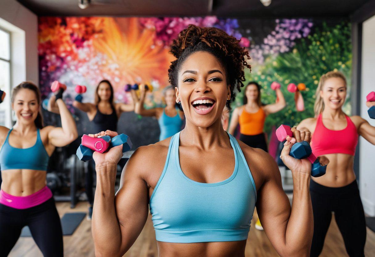 A dynamic scene showcasing a powerful woman lifting weights, surrounded by vibrant colors and joyful expressions from a diverse group of women encouraging her. The background features a blend of fitness equipment and blooming flowers symbolizing growth, with uplifting quotes about empowerment displayed artistically. The atmosphere should radiate positivity and motivation. super-realistic. vibrant colors. cheerful and energetic.
